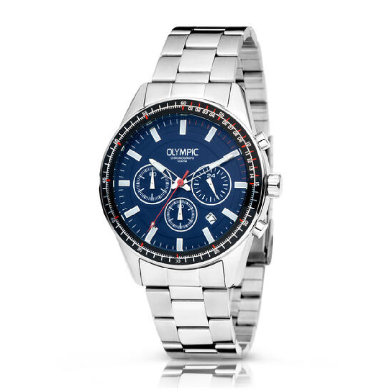 Olympic OL72HSS286 MASON Horloge - Staal -Bracelet - Blauw - 44mm 
Dit unieke Olympic horloge met artikelnummer: OL72HSS286 is een herenhorloge met chronograaf en heeft een sportieve uitstraling. De stalen kast heeft een zwarte bewerkte bezel en een blauwe wijzerplaat met een datum en chronograaf. De uursaanduiding is opvallend door de lumibrite strepen en wijzers. De rode accenten geven het horloge een sportief uiterlijk. Aan de stalen kast zit een stalen schakelband met een vouwsluiting. Het horloge heeft een mineraalglas, een doorsnee van 44mm en is 10ATM.

Waterdichtheid 10ATM
Dit horloge is bestand tegen water bij het zwemmen en douchen. Dit horloge is niet bestand tegen (grote) waterdruk dus je kunt er niet mee duiken.

Het merk:
Een mooi horloge hoeft niet duur te zijn! Het Nederlandse horlogemerk Olympic levert stoere chronografen, slimline series, digitale uurwerken en elegante dameshorloges. De prijs-kwaliteitverhouding staat bij Olympic hoog in het vaandel met prijzen die uiteenlopen van € 34,95 tot en met € 159,00.

100% Nederlands ontwerp, waterdicht en standaard 3 jaar fabrieksgarantie.

Specificaties:
- Ronde kast Ø 44mm
- Zilverkleurige stalen horlogekast
- Blauwe wijzerplaat
- Stalen schakelband
- 10ATM 
- Standaard 3 jaar fabrieksgarantie
- Mineraalglas