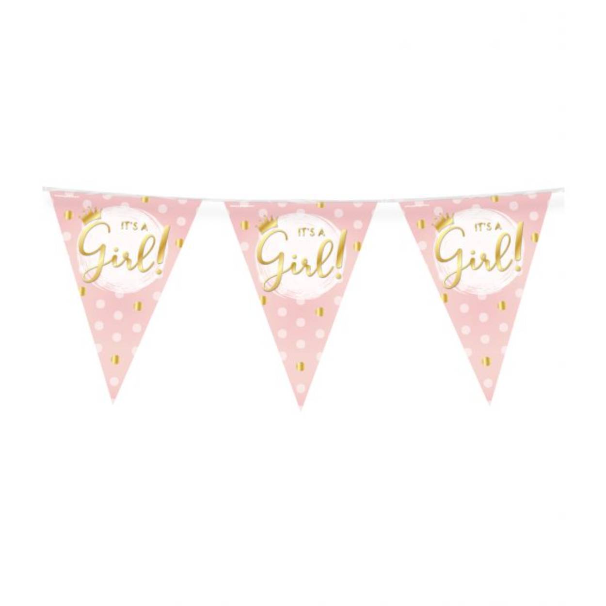 De vlaggenlijn It's a girl! is de ideale versiering als er een meisje geboren is! Door de gebruikte kleuren en het vrolijke design vallen deze party vlaggen dan ook extra goed op! De vlaggetjes zijn gemaakt van folie en zijn aan beide zijden bedrukt. Ze hebben een lengte van 10 meter