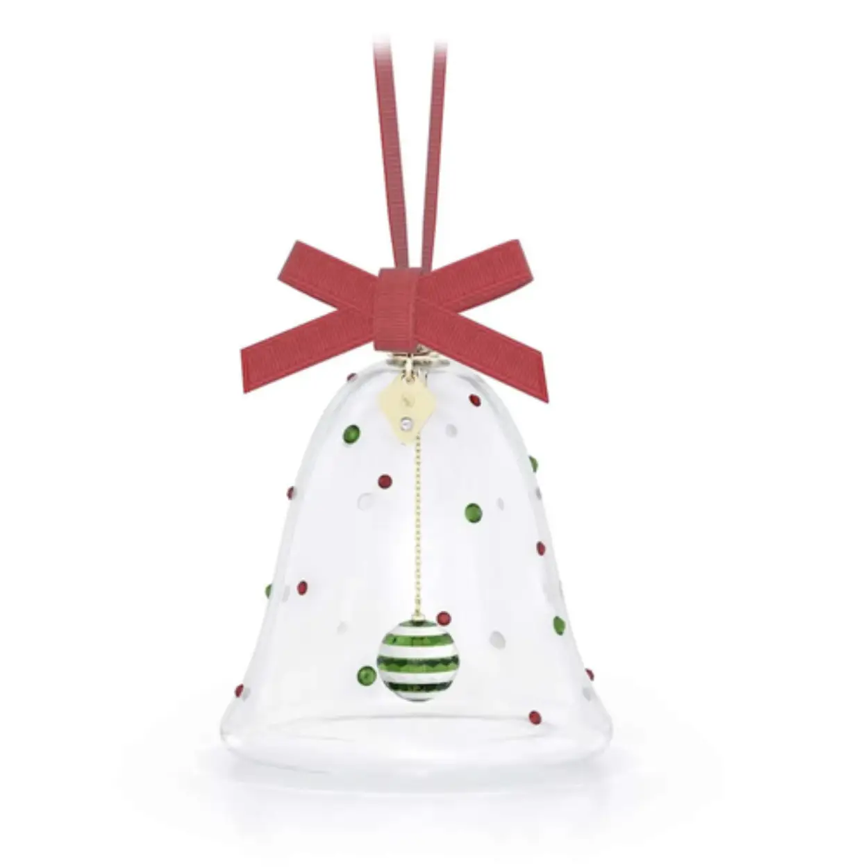 Luid de feestdagen in met dit speelse ornament van een kerstbel. Het traditionele symbool is vakkundig vervaardigd met verschillende kleurrijke kristallen met een platte achterkant en een gestreepte klepel. Dit prachtige ornament aan een stevig rood lint met accenten met een goudkleurige toplaag past perfect bij alle decoraties voor de feestdagen. Decoratieobject. Geen speelgoed. Niet geschikt voor kinderen jonger dan 15 jaar.