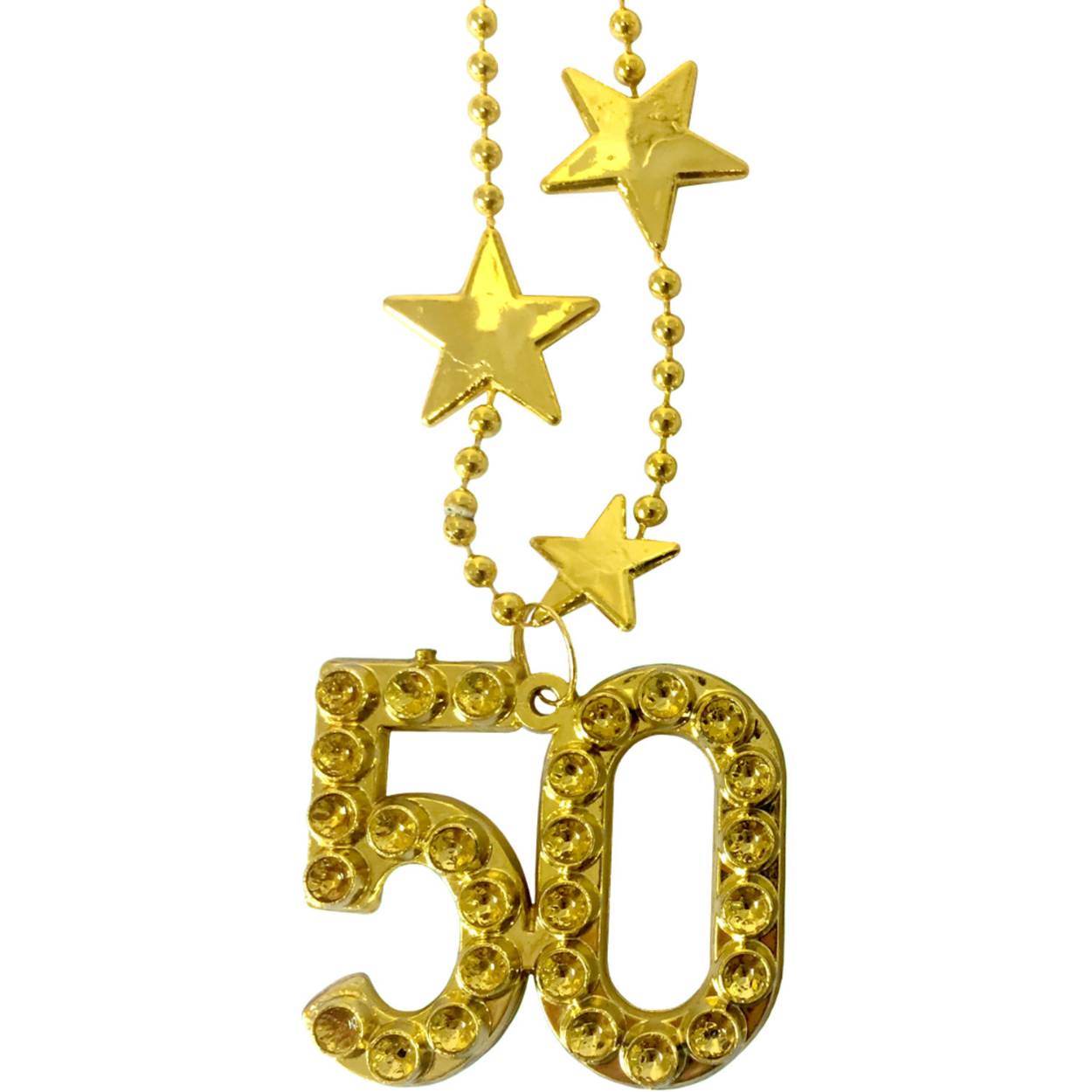 Goudkleurige Ketting 50 Jaar. Inhoud: 1 ketting. Bijvoorbeeld te gebruiken tijdens de volgende feestgelegenheid/feestgelegenheden: Verjaardag. Doelgroep: volwassenen. Het artikel is gemaakt van plastic.

