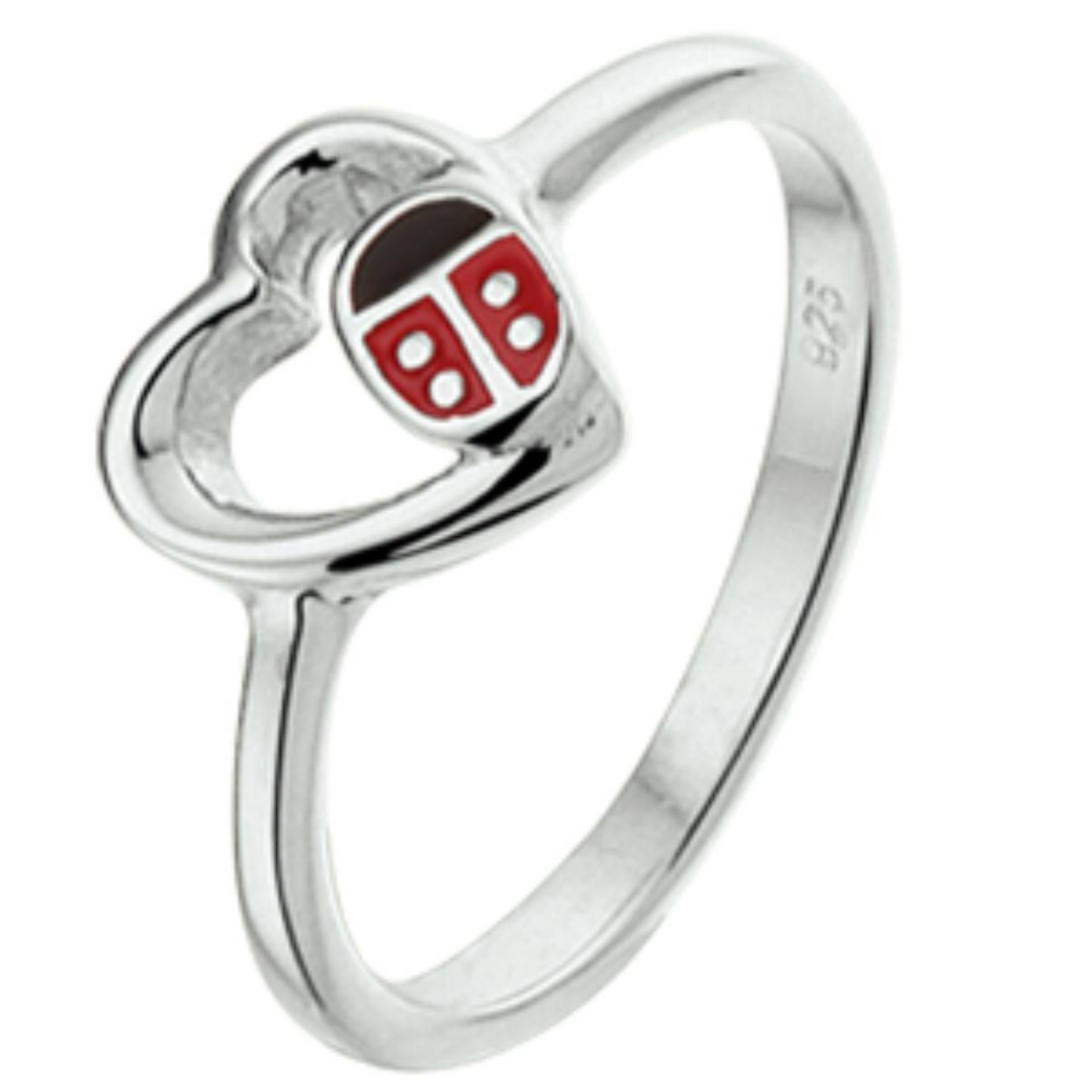 Gerhodineerd zilveren ring met opengewerkt hart en een lieveheersbeestje van emaille. De ring heeft een scheen van 1.6mm en een breedte van 7mm. De ring is te combineren met bijpassende sieraden uit onze collectie