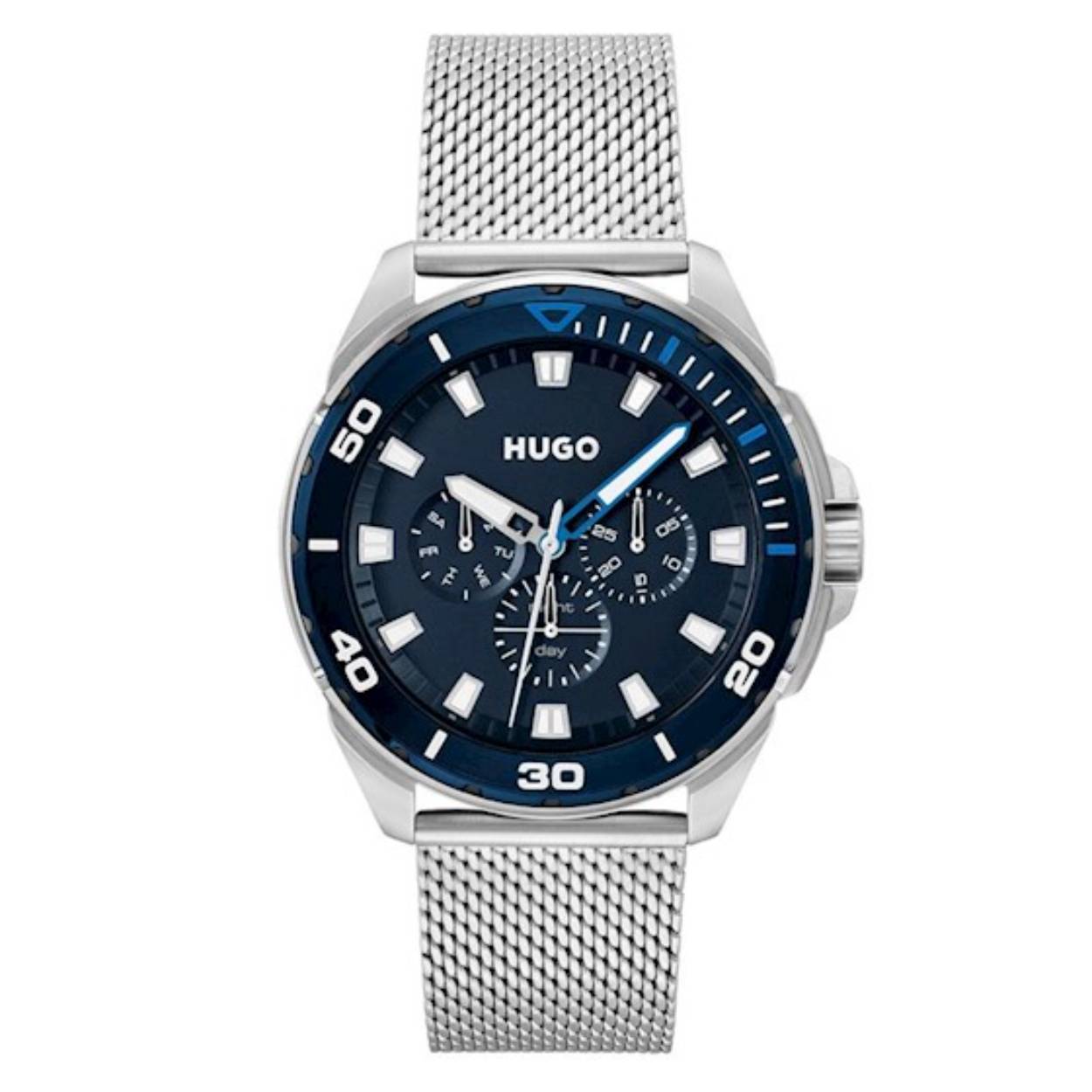 Dit Hugo by Hugo Boss horloge, uit de Fresh collectie, heeft een stalen kast en milanese band. De wijzerplaat is donker blauw met witte lumybrite indexen en wijzers. Het horloge is voorzien van een dag, datum en 24-uurs aanduiding