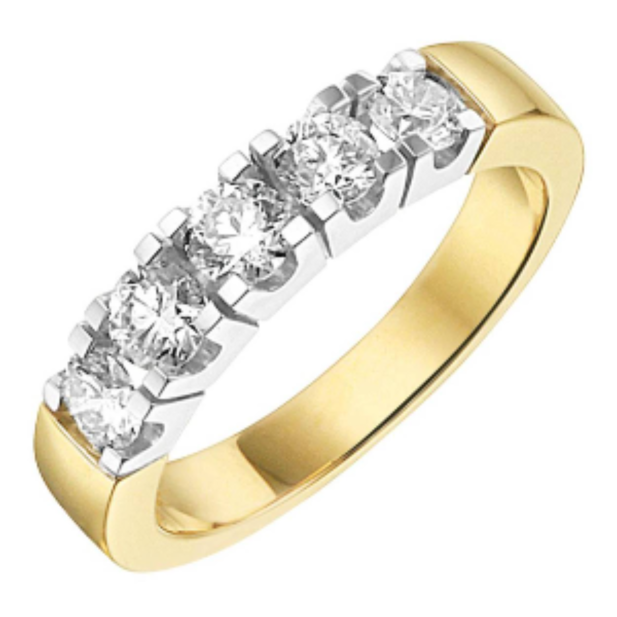 14 karaat geelgoudenring met totaal 1.00 crt diamant. Gezet in een prachtige witgouden zetkast. De kwaliteit van de diamant is SI en de kleur is G 