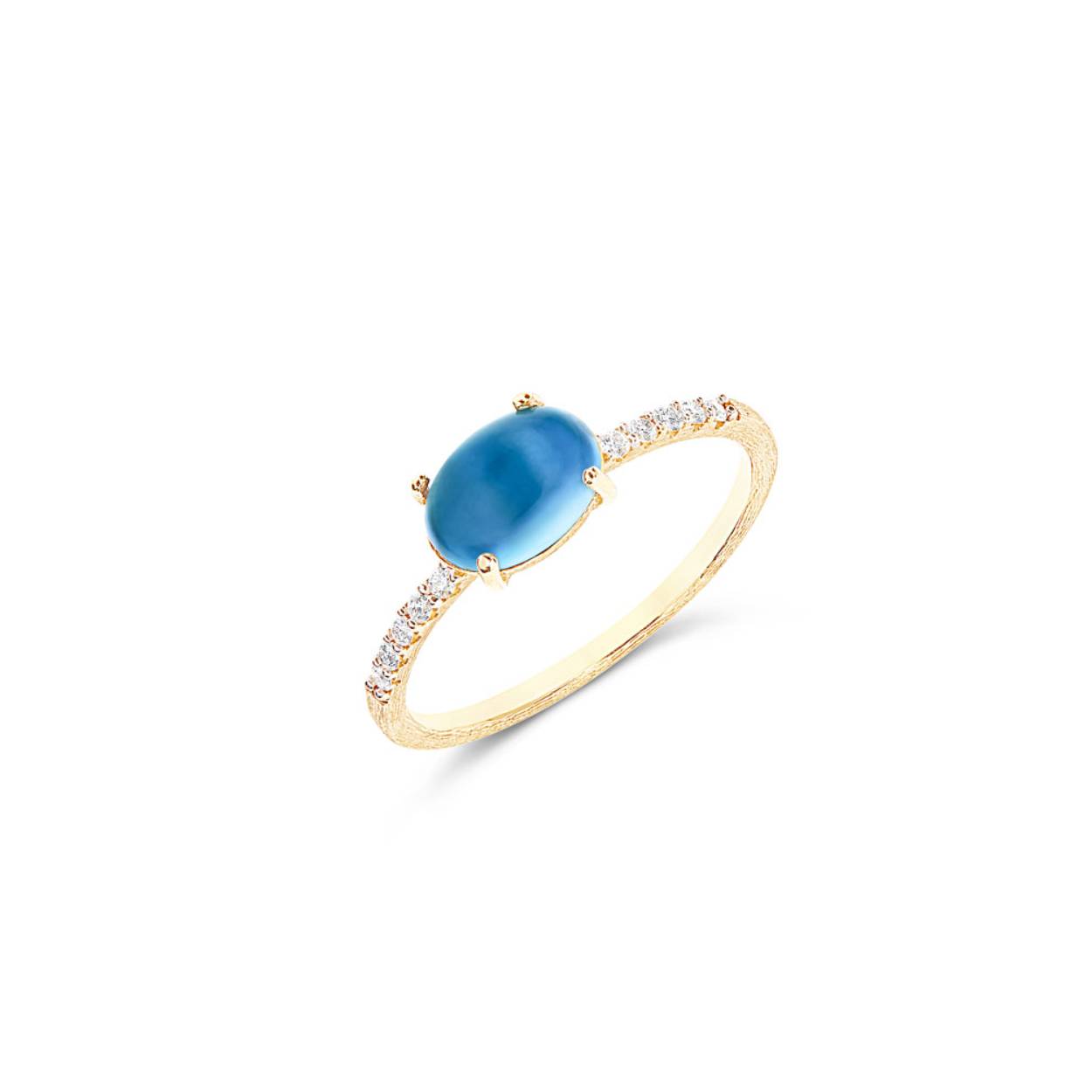 Een ring gewijd aan de kleur van de oceaan, de intensiteit en de prachtige weerspiegelingen ervan, omhuld door deze London Blue Topaz boule, omarmd door kleine riviertjes diamanten en 18-karaats goud.

Een juweel dat alleen gedragen kan worden of, waarom niet, gecombineerd met andere ringen met een minimalistisch design.

Nanis dancing azure ring 18kt goud London blue topaas 1.59ct 1.9gr