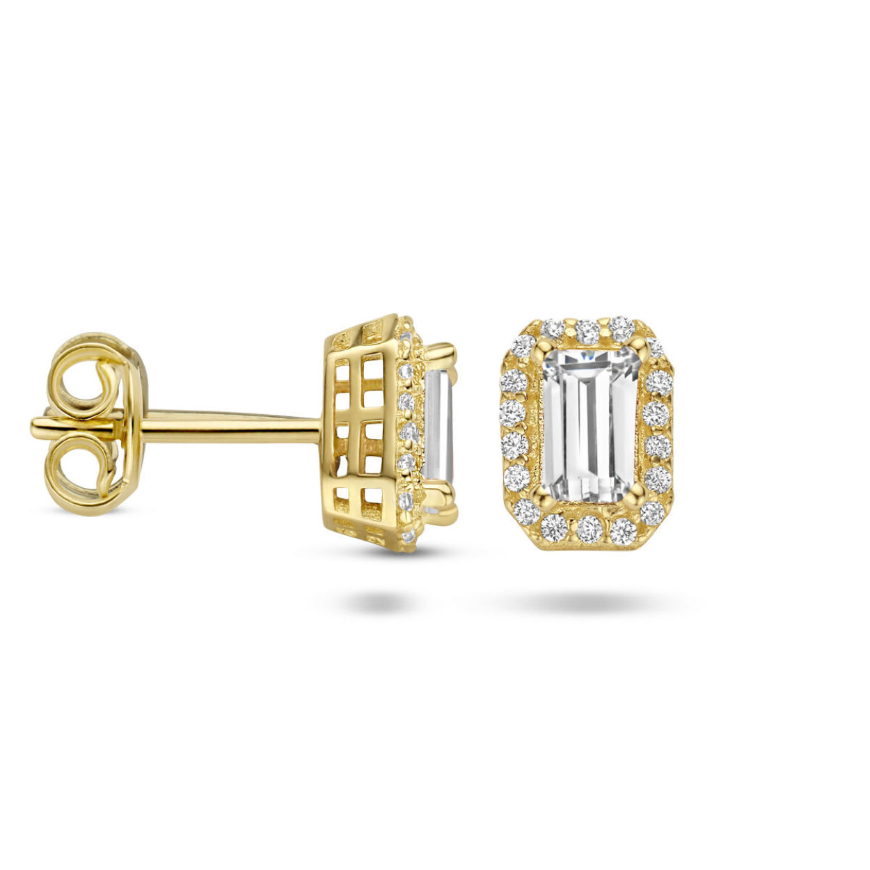14k Geelgouden oorknoppen uitgevoerd met schitterende zirkonia. De oorknoppen hebben een afmeting van 7.5x5.5mm.