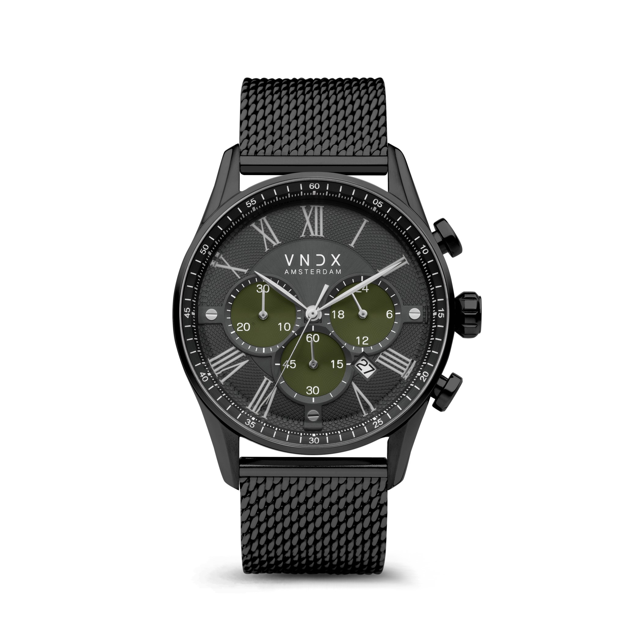 The Boss Groen, een stijlvol en tijdloos horloge voor iedere gelegenheid. De solide zwarte stalen kast is tot in de details gevuld met de wijzerplaat. Met zijn diameter van 45 mm is deze &lsquo;Boss&rsquo; voorzien van verschillende functies. Aangedreven door een krachtige chronograaf.

De gevarieerde zwart groene wijzerplaat is voorzien van een stopwatch, een datum aanduiding en een 24-uurs klok. Zo is The Boss net als zijn naam een allrounder. Door zijn tijdloze Romeinse index, straalt de klasse ervan af.

De massief stalen mesh band sluit zich perfect aan op de pols, door zijn verschuifbare sluiting is The Boss eenvoudig op maat te maken. Zo neem jij samen met The Boss de controle over je leven.

Wandel je eigen weg, sta achter je eigen keuzes en vertrouw dat de tijd zal leren. Het is nooit te laat om je eigen baas te zijn!