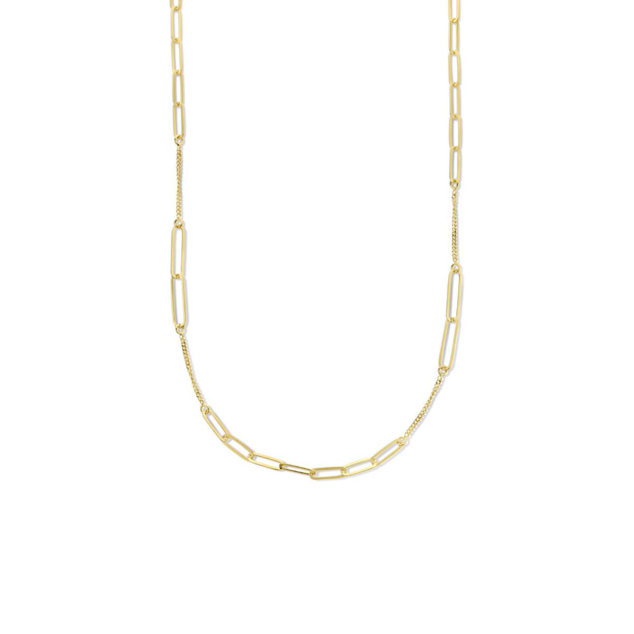 Geelgoud op 925 zilveren collier met een paperclip schakel van 3.7mm en een gourmette schakel van 1.4mm. Het collier heeft een draaglengte van 42cm met een extensie van 3cm. Uitgevoerd met een karabijn sluiting.