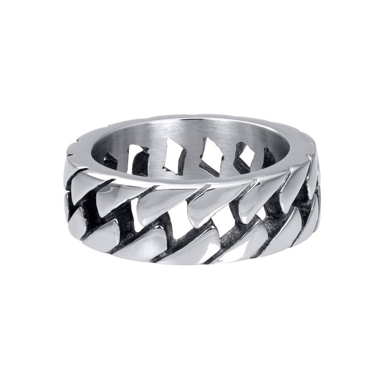 De iXXXi Men single ring Alpine is gemaakt van stainless steel en is voorzien van een mat zilverkleurige uitvoering. De solitaire ring is een brede ring met een gevlochten design rondom de gehele ring.