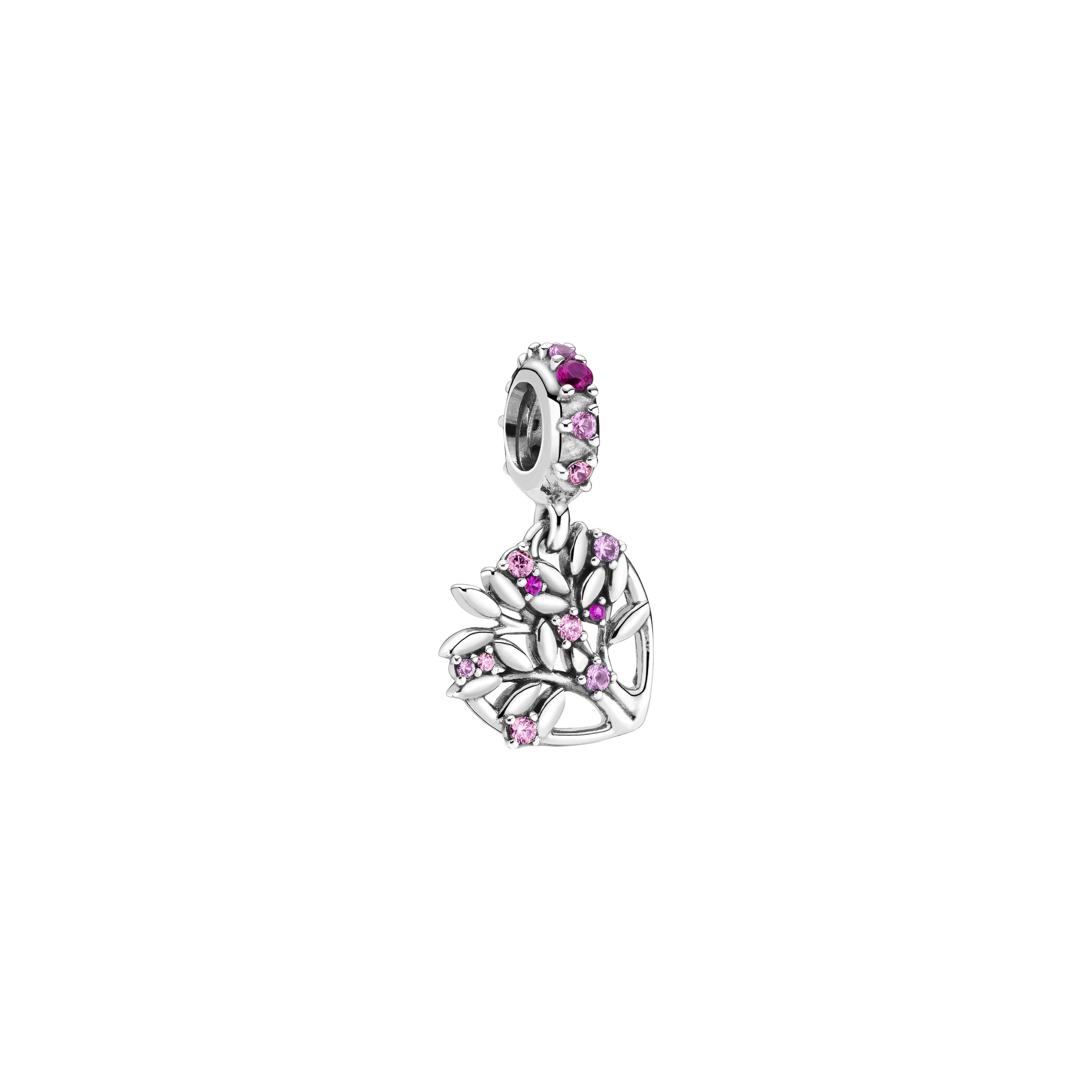 Deze Pandora charm heeft een hangende familie boom met roze zirkonia's, syntetische saffier en syntetische robijn steentjes.