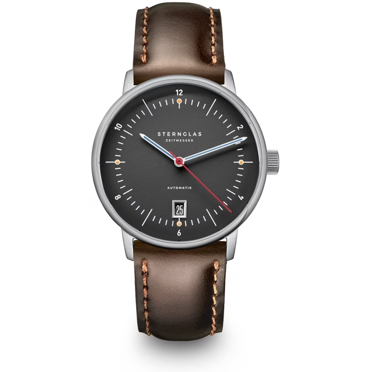 Sternglas S02-NP11-BR03 NAOS PRO Automatik Heren Horloge

- Behuizing gemaakt van staal, in de kleur zilver
- Horlogeband gemaakt van leer, in de kleur bruin, met gesp
- Automatisch uurwerk
- Datum weergave
- Voorzien van saffierglas, zeer hard en vrijwel krasvrij
- 5 ATM waterdicht, geschikt om mee te douchen.
- Breedte van de behuizing is 38 mm
- Dikte van de behuizing is 9 mm