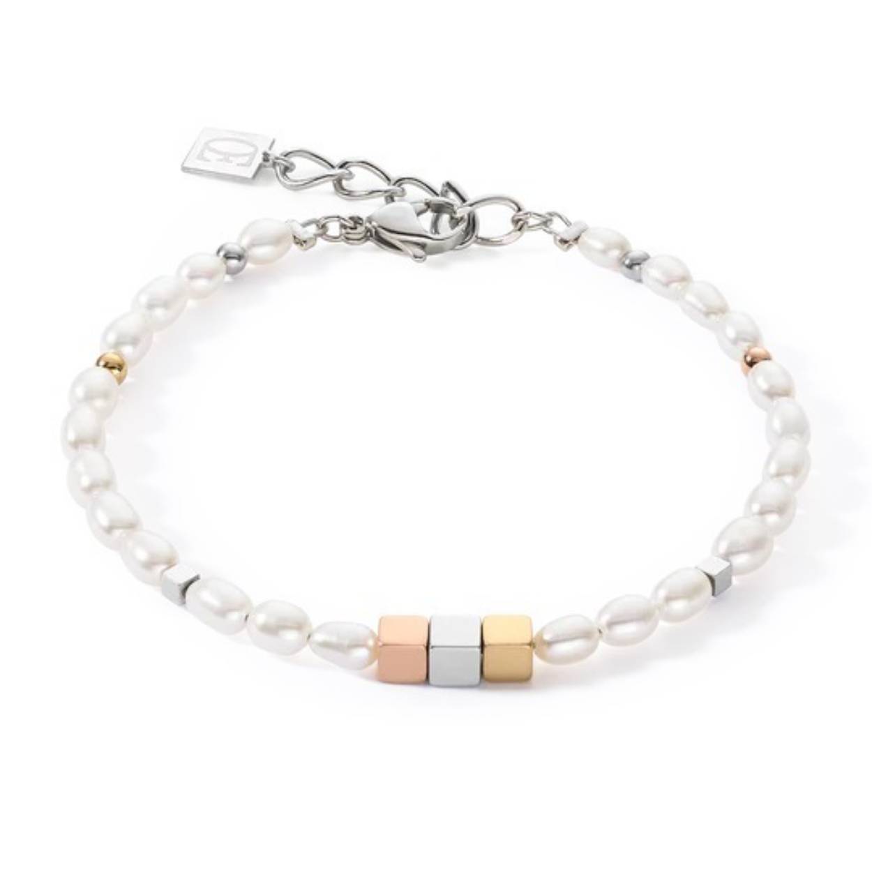 stalen armband met zoetwaterparels met tricolor blokjes