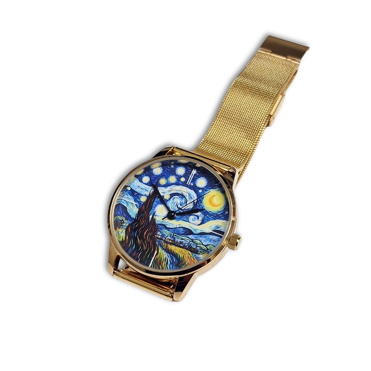 Goudkleurig Vincent van Gogh Horloge rond met mesh goudkleurige stalen band