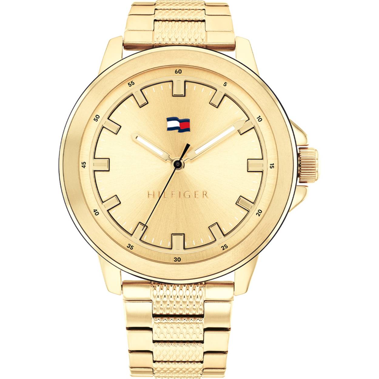 Dit Tommy Hilfiger horloge heeft een Roestvrijstaal goudkleurige kast met een diameter van 46 mm en is voorzien van een metalen goudkleurige band