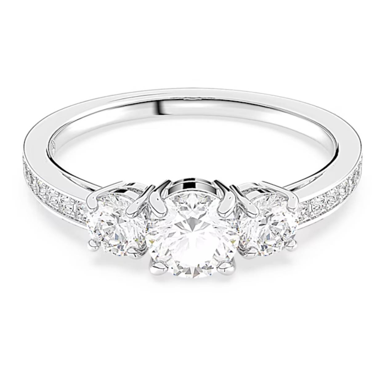 De Attract-lijn is gemaakt voor elke gelegenheid en heeft een moeiteloos elegante uitstraling. Deze klassieke ring biedt een ongekende schittering met een drietal precisiegeslepen heldere kristallen die zijn afgewerkt met een rhodium toplaag. Een prachtig sieraad dat elke dag gedragen kan worden en perfect past bij andere sieraden uit de Attract-lijn.