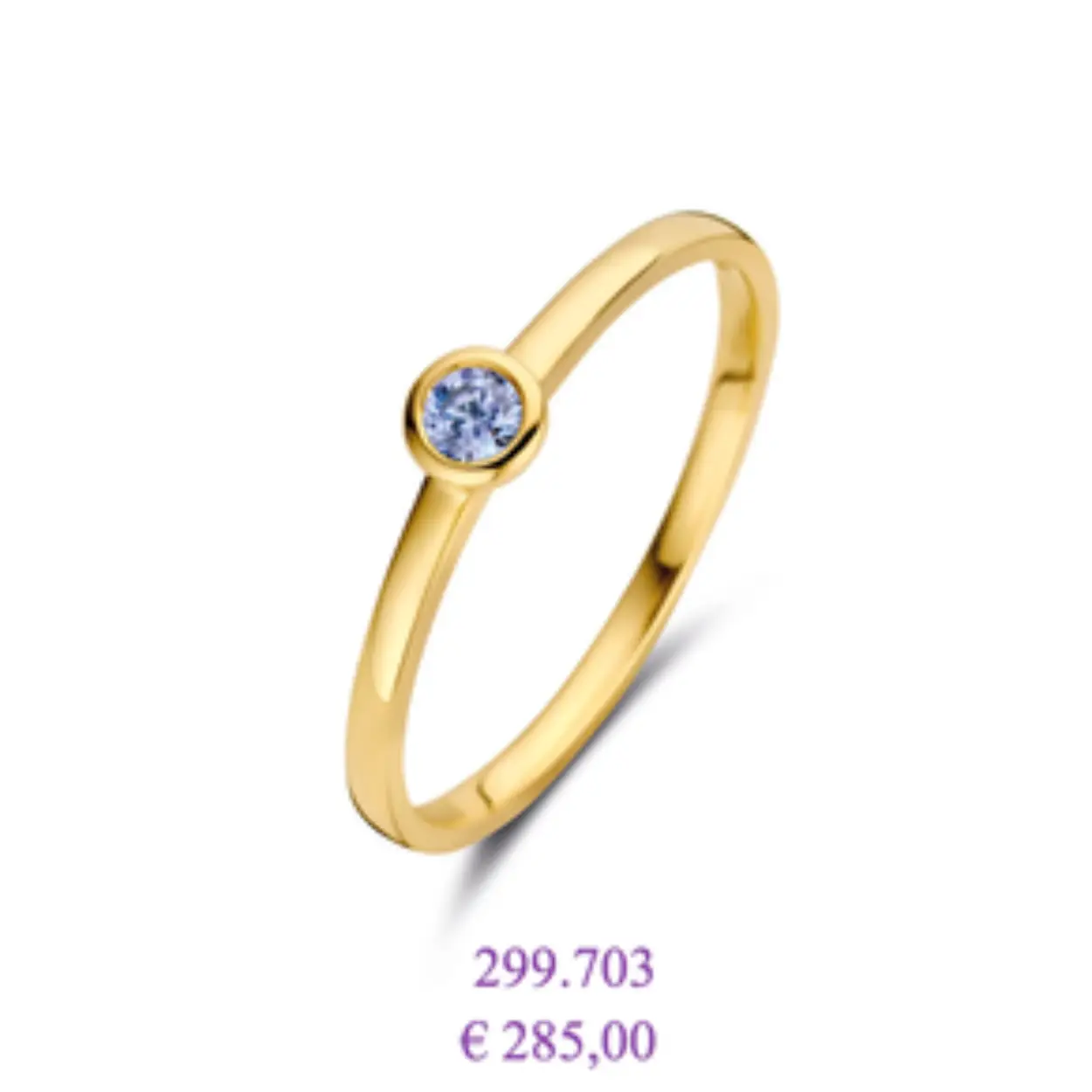 gouden ring, rond+blauw cz