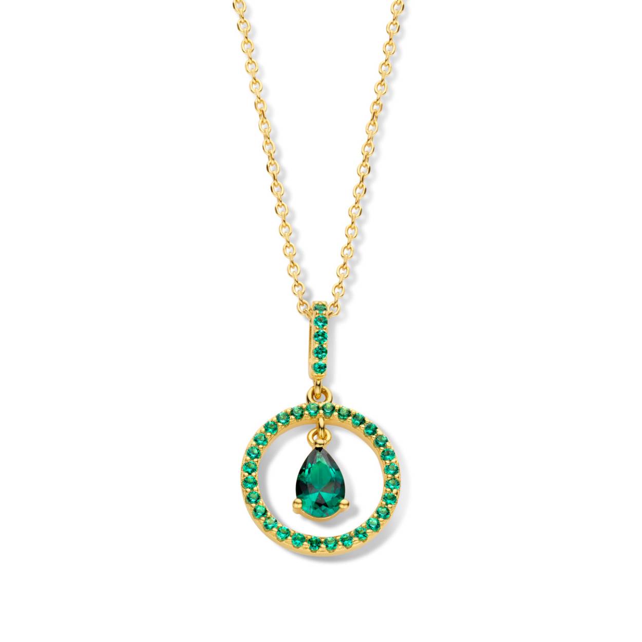 Zilveren geel vergulde ketting + hanger groene zirconia 40+42+45cm Naiomy