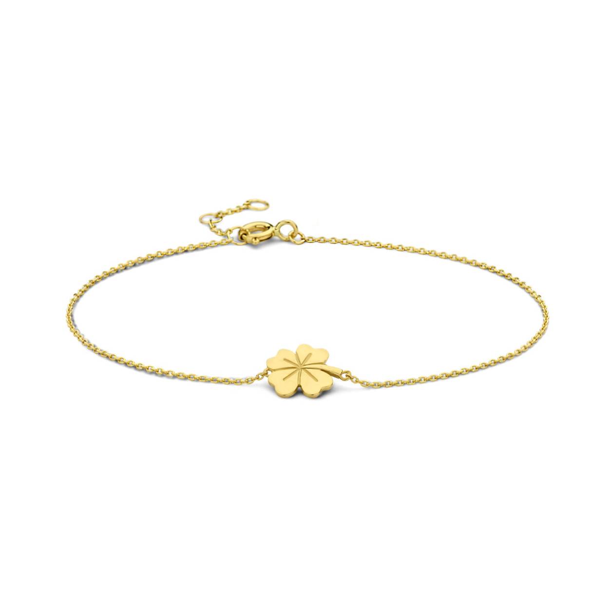 14k Geelgouden armband met een klavertje. De armband heeft draaglengtes van 16.5,17.5 en 18.5cm. De schakelbreedte is 0.8mm.