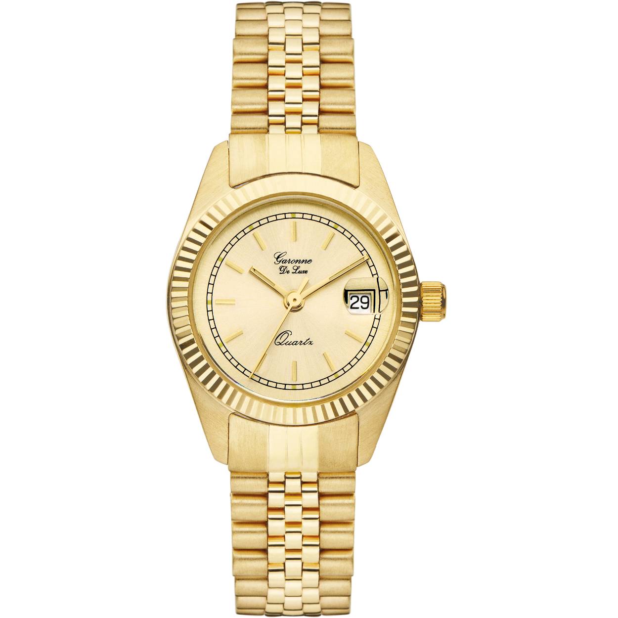 14 karaat gouden horloge met 14 karaat gouden band en dag/datum aanduiding.