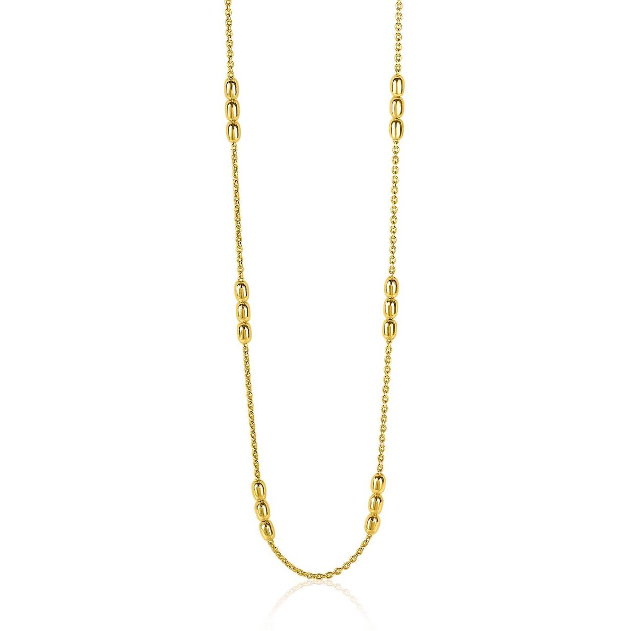 ZINZI zilveren fantasie ketting geel verguld, bestaande uit een anker schakelketting met drie ovale staafjes. Deze ovaaltjes zijn gelijk verdeeld in het midden van de ketting. De lengte is te variëren van 42 tot 45cm. Vervaardigd van eerste gehalte zilver (925) en extra geel verguld.