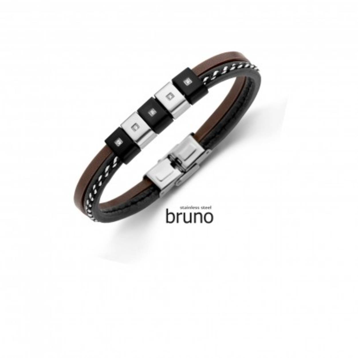ARMBAND EDELSTAAL + LEDER BRUIN + CZ A25A00