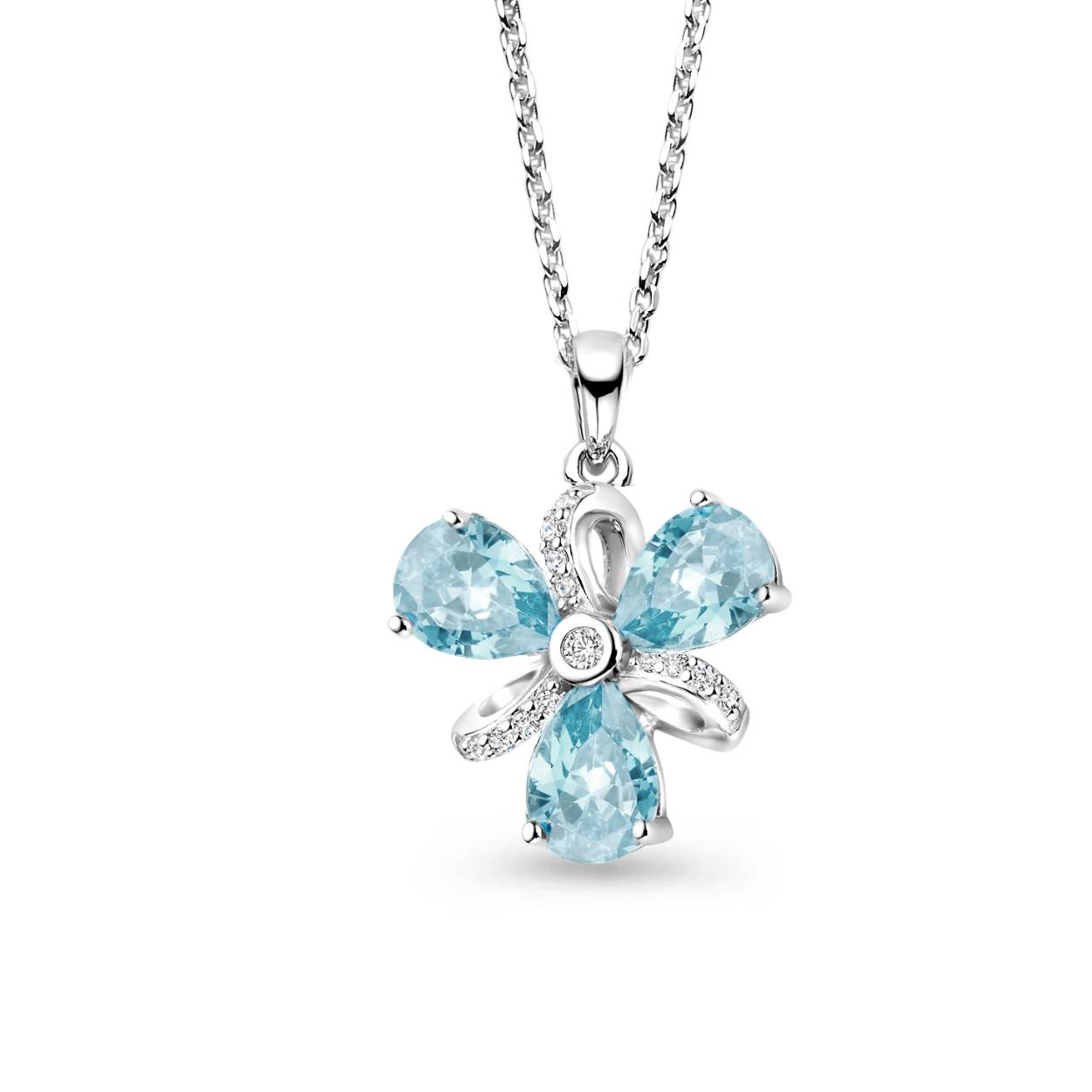 zilveren Rosa collier, 3 lussen+3x blauw cz