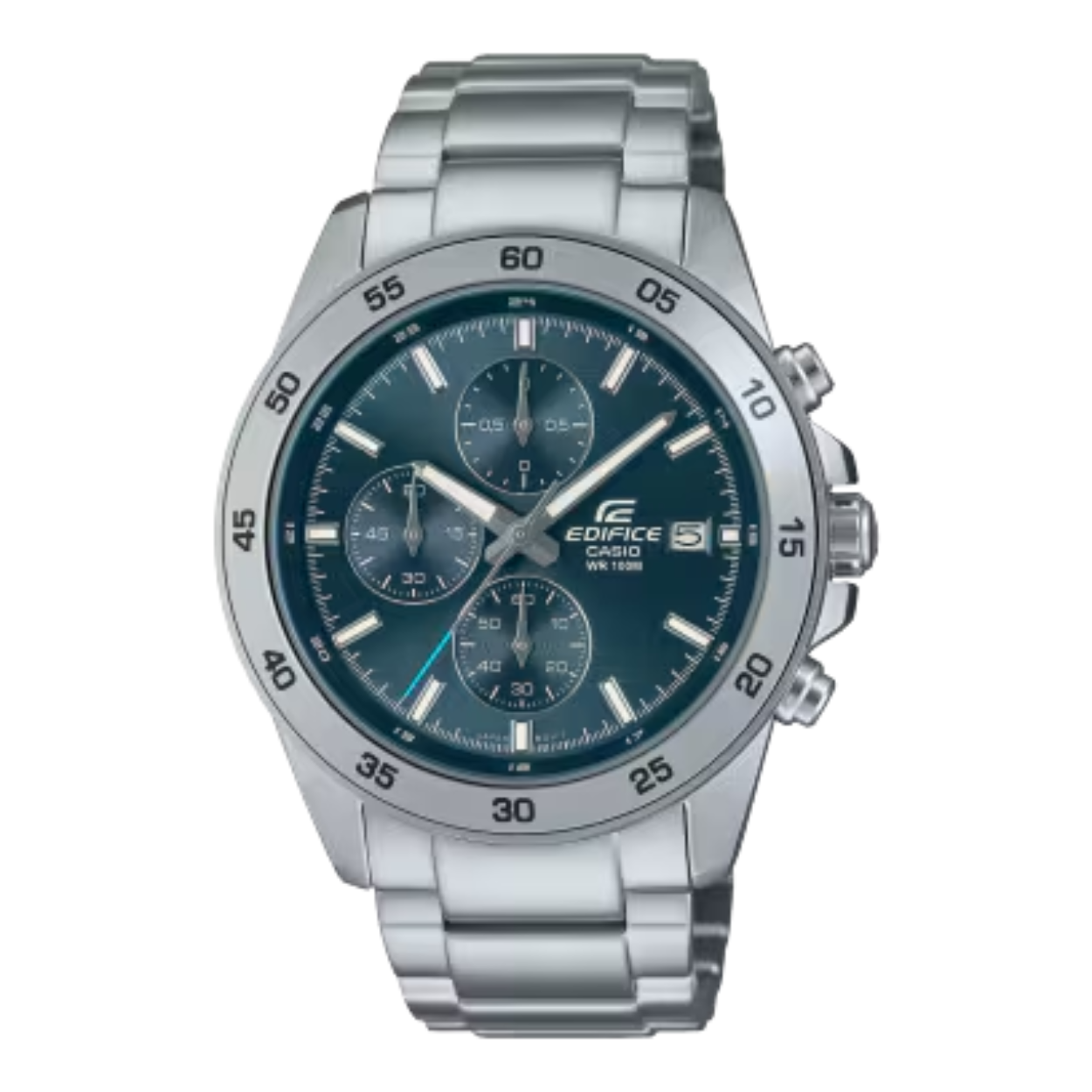 Casio Edifice, chronograaf, stalen band en kast, blauwe wijzerplaat met datum.