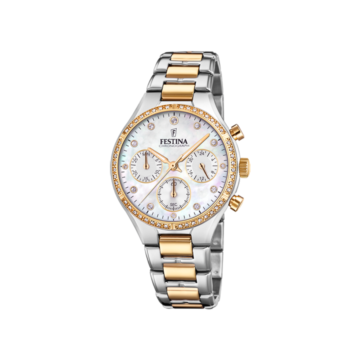 Festina damesuurwerk uit de 'Boyfriend' collectie - Bicolor stalen band en kast (goud/zilverkleurig) - Zirkonium steentjes op de kast - Witte (parelmoer) wijzerplaat multifunctie met zirkonium steentjes - Chronograaf - Waterdichtheid: 5 ATM
