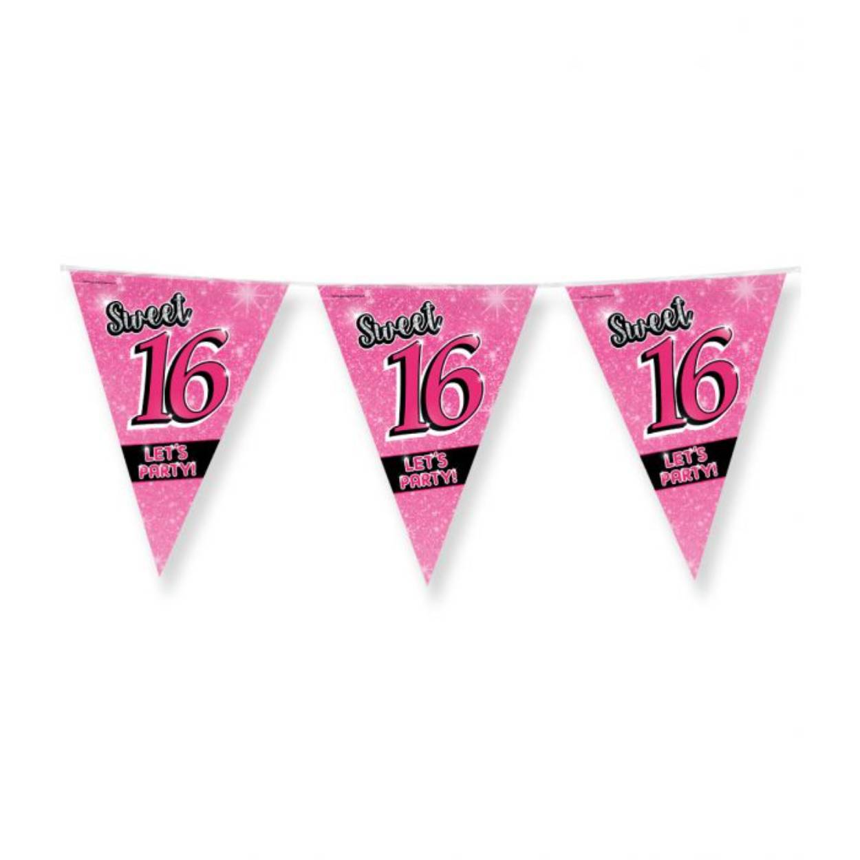 De vlaggenlijn Sweet 16 is de ideale versiering op een Sweet 16 party! Door de gebruikte kleuren en het vrolijke design vallen deze party vlaggen dan ook extra goed op! De vlaggetjes zijn gemaakt van folie, hebben een lengte van 10 meter 