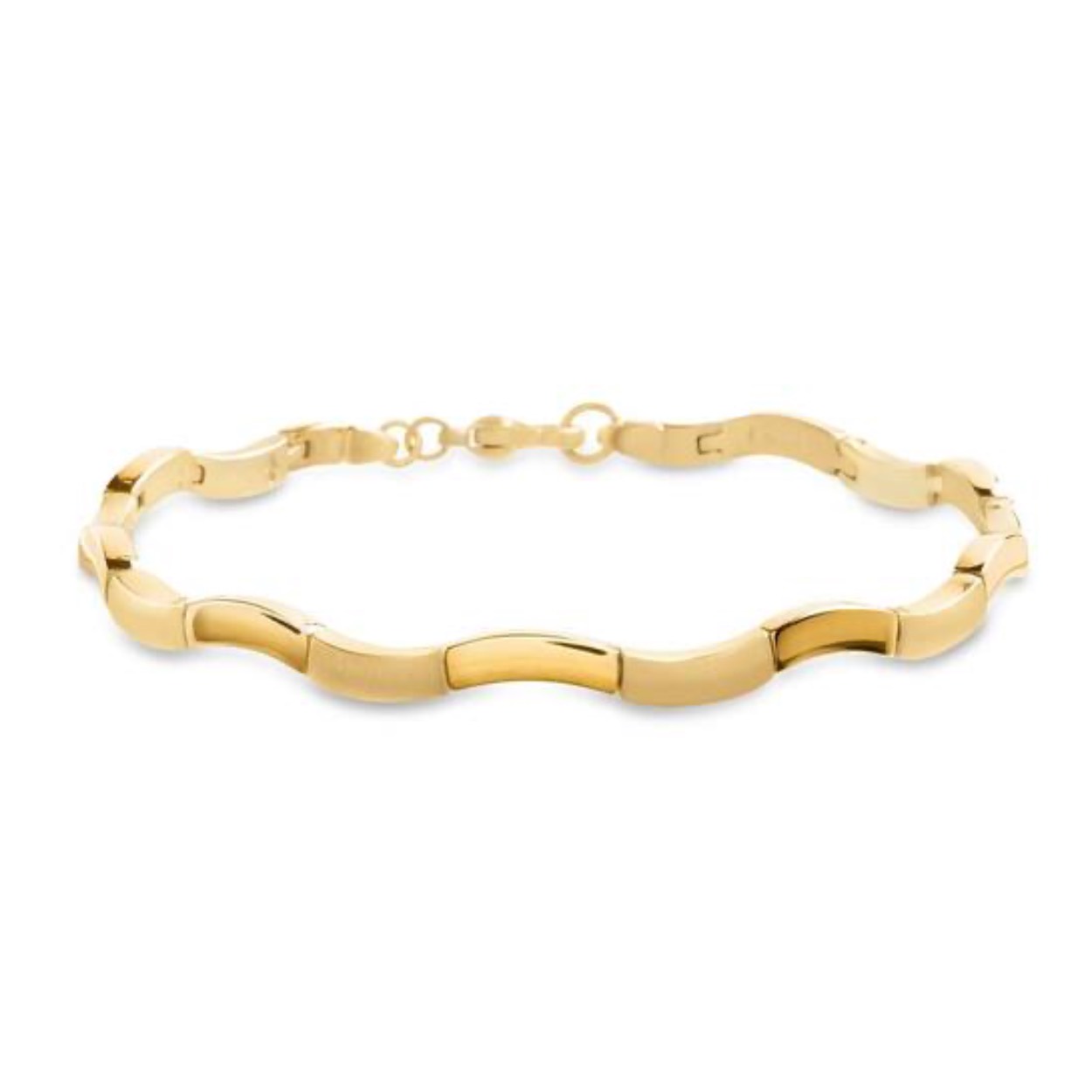 Een prachtig design van Boccia Titanium met een unieke twist. De goudkleurige golvende schakels zijn om en om gematteerd en glanzend, wat zorgt voor een speels effect. Deze armband heeft een lengte van 21cm en een karabijnsluiting.