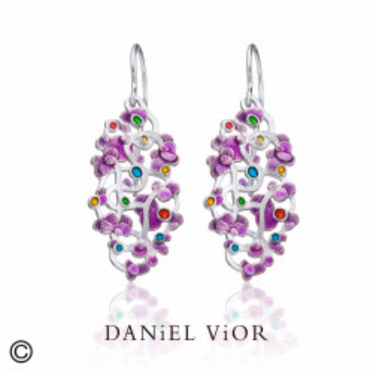 oorhangers CALICAOS van Daniel Vior van gerhodineerd zilver met paars/roze emaille