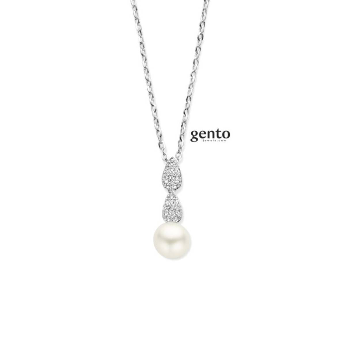 Zilveren collier parel/zirc gento jewels