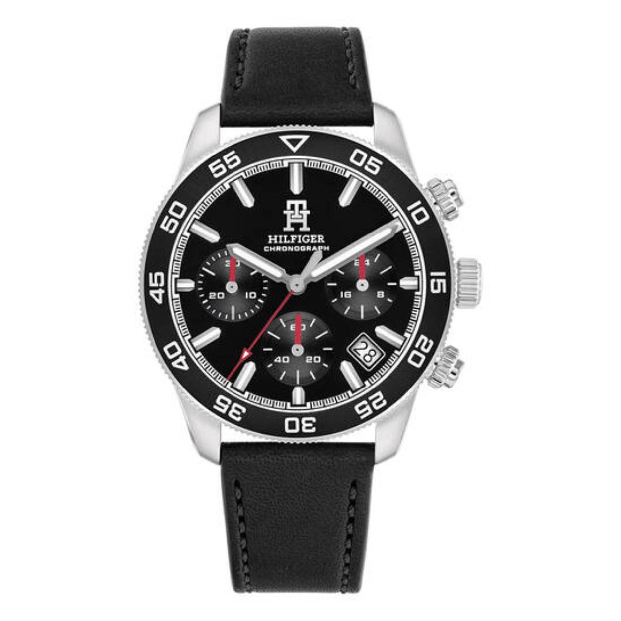 Tommy Hilfiger TH1792162 Horloge Heren Staal Zwart Chronograaf 41mm
Dit specifieke horloge van Tommy Hilfiger uit de TH85 serie met artikelnr: TH1792162 is een sportief herenhorloge die niet in je collectie mag ontbreken. Het leren herenhorloge heeft een ronde zilverkleurige kast met een zwarte bezel met daarop een GMT-tijdwijzer.  Het horloge heeft een zwarte wijzerplaat met zilverkleurige wijzers als uursaanduiding en een datum. De zwarte lerenband is op lengte verstelbaar en heeft een gespsluiting. Het horloge heeft een mineraalglas, een doorsnee van 41mm en is 5ATM.

Het merk:
Sinds de lancering van het merk in 1985 is Tommy Hilfiger wereldwijd bekend geworden als pionier van de klassieke Amerikaanse coole stijl. Geïnspireerd door de iconische popcultuur en het Amerikaanse erfgoed. De dames en herencollectie van dit seizoen bestaan uit minimalistische silhouetten en rustieke lederen details. De herenhorlogecollectie biedt iconische uurwerken met roestvrijstalen, lederen en siliconen banden.

Specificaties:
- Mineraalglas
- Ronde kast 41mm
- Zilverkleurige horlogekast met gekleurde bezel
- Zwarte wijzerplaat
- Zwarte lerenband 
- 5ATM