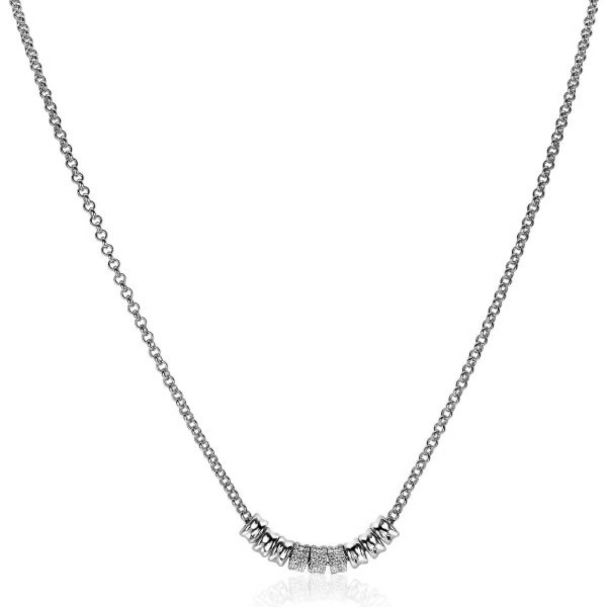 ZINZI zilveren ketting 45cm met 9 ronde grote schakels in het midden, waarvan drie rondom bezet zijn met witte zirconia's. Exclusief ontworpen door mode-ontwerper Mart Visser. De lengte van de ketting is 45cm. Deze schitterende zilveren ketting draagt herkenbaar de signatuur van Mart Visser. Vervaardigd van eerste gehalte zilver (925) en met extra rhodiumlaag voor een langdurige glans. 