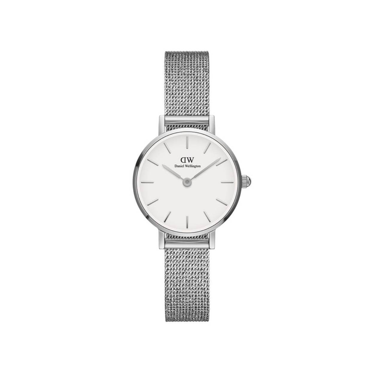Die Petite Daniel Wellington Damenuhr  besticht durch ein wei&szlig;es Zifferblatt, silberfarbenes Milanaise-Mesh-Armband und ein rundes Edelstahlgeh&auml;use. Mit Analoganzeige, Quarzwerk und Mineralglas ist sie nickelfrei und antiallergisch. Wasserdicht bis 3 ATM. Perfekt f&uuml;r elegante, stilvolle Anl&auml;sse oder als l&auml;ssiges Accessoire im Alltag. Ideal zu klassischen und modernen Outfits.