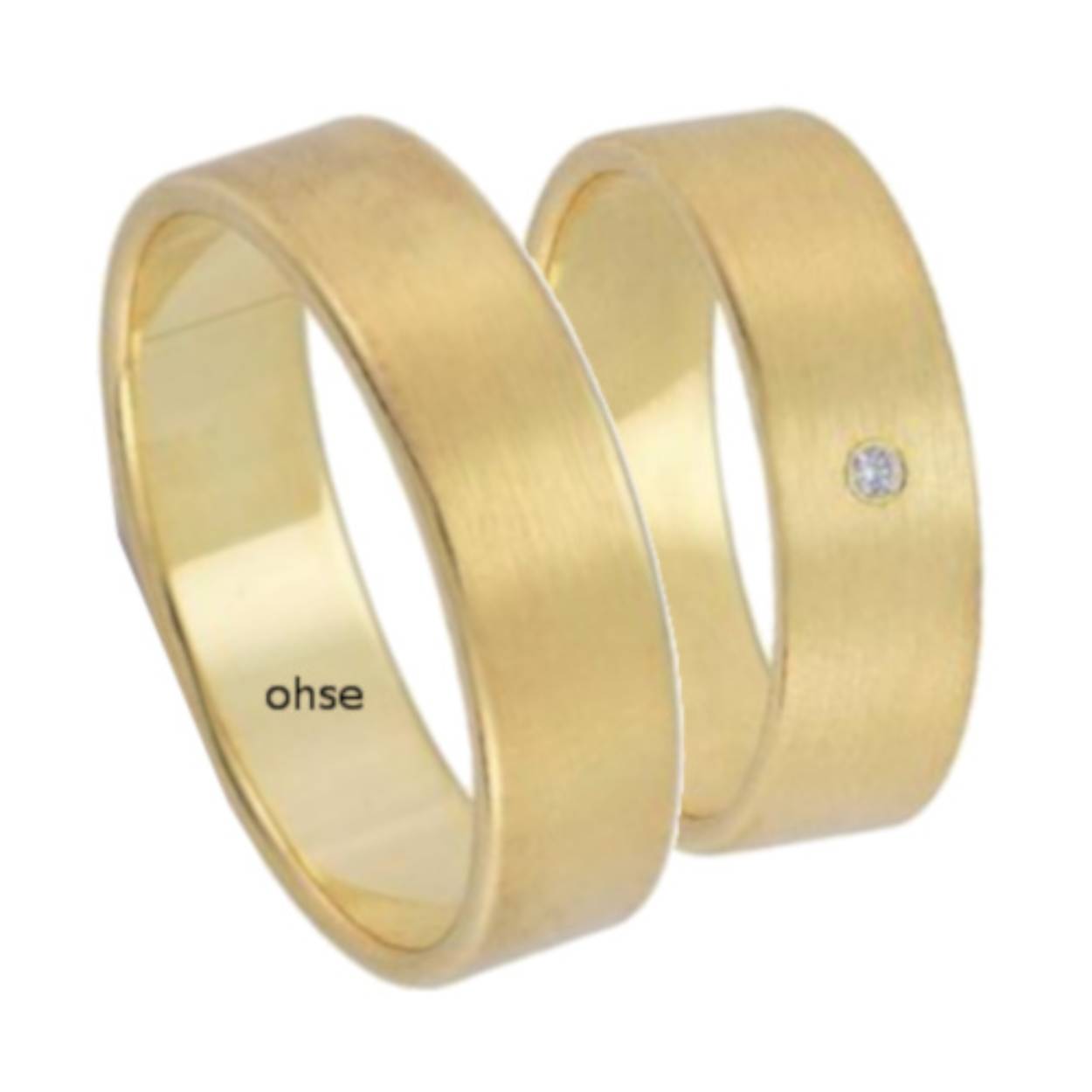 585 geelgouden trouwringen, gematteerd. 6mm breed. de damesring is gezet met 0.01crt briljant
De Prijs is op aanvraag