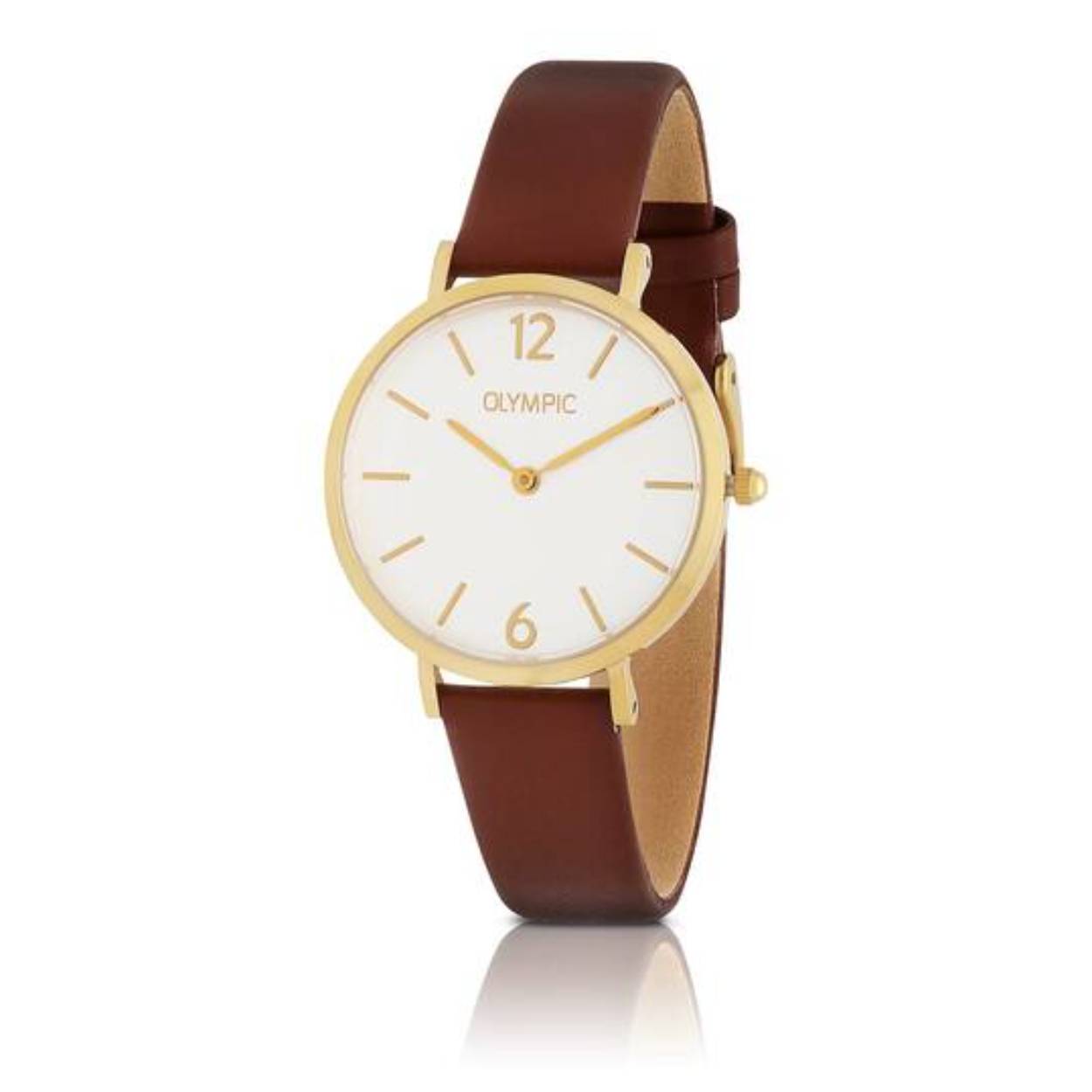Olympic OL66DDL005  Horloge - Double - Leer - Bruin - 32mm 
Dit unieke Olympic horloge met artikelnummer: OL66DDL005 is een stijlvol dameshorloge. De goudkleurige stalen kast heeft een gladde bezel en een witte wijzerplaat. De uursaanduiding is verfijnd door de strakke wijzers en streepjes en de arabische 12 en 6 cijfers. Dit geeft het horloge een chique uiterlijk. Aan de stalen kast zit een bruine lerenband met een gespsluiting. Het horloge heeft een mineraalglas, een doorsnede van 32mm en is 3ATM.


