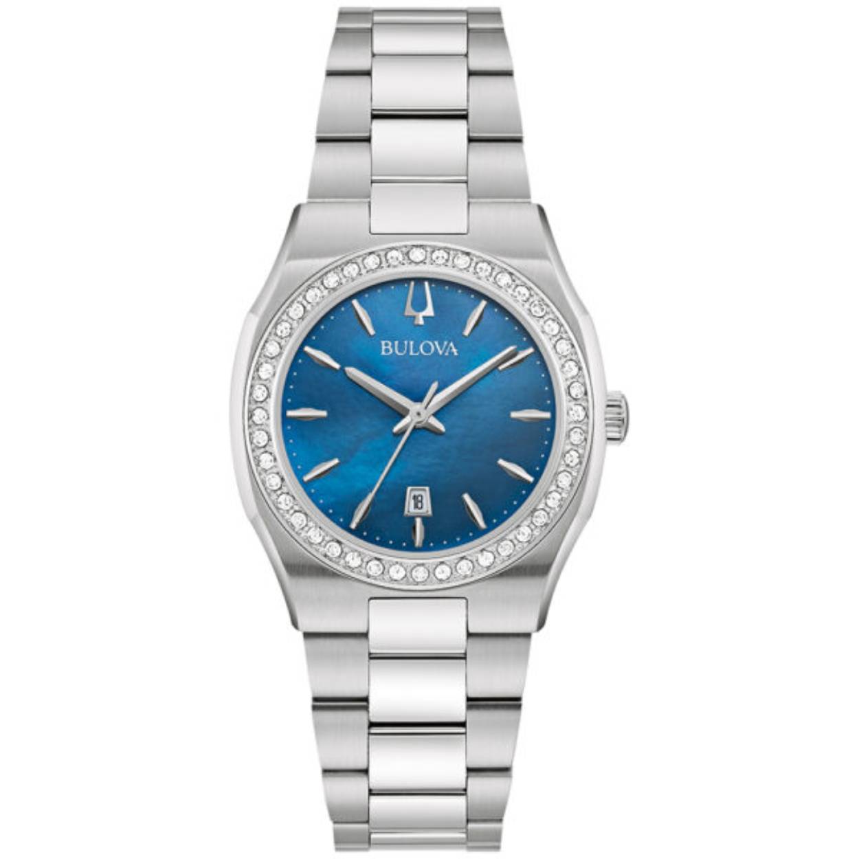 Bulova Surveyor Diamonds women's watch 96R246 steel with diamonds. Watch with steel case with a diameter of 31 mm with a glossy silver finish. Bezel embellished with 22 diamonds. Blue mother-of-pearl dial, mineral glass and date window at 6 o'clock. Quartz time only movement. Silver-colored steel bracelet with Deployant clasp. Watch with 5 atm water resistance, delivered with original box and official guarantee. wedding watches
