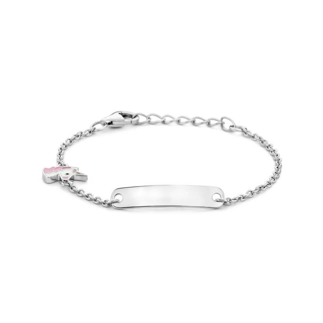 Gerhodineerd 925 zilveren graveerarmband uitgevoerd met een eenhoorn. De armband heeft een schakelbreedte van 1.5mm en een draaglengte van 11cm met 2cm extensie. De graveerplaat heeft een afmeting van 4.5x21mm en een dikte van 0.6mm.
