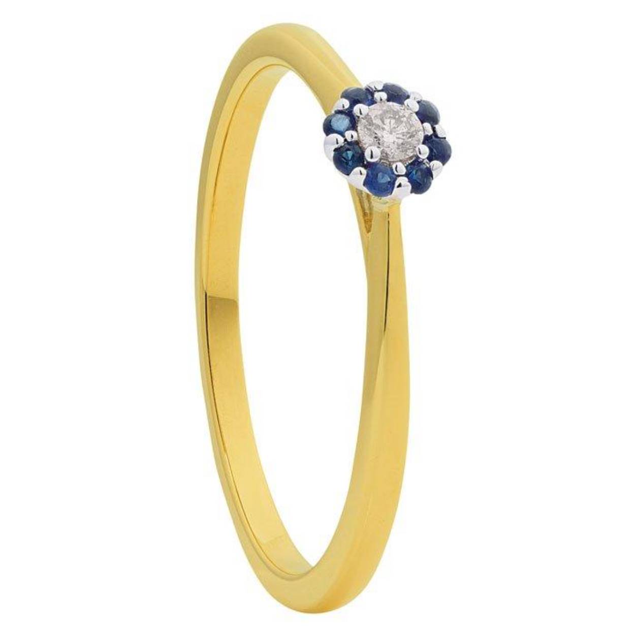 Gouden aanzoeksring met echte diamanten en een witgouden kast. De saffier steentjes zijn facet geslepen de diamant in het midden is briljant geslepen. Het totale gewicht van de diamant is 0.06 crt