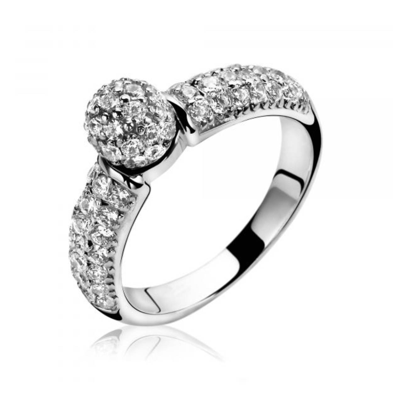 ZINZI zilveren ring met bovenop een bol gezet met witte zirconia's. Aan beide kanten van scheen is de ring gezet met witte zirconia's. De ring is vervaardigd van eerste gehalte zilver (925) en met extra rodiumlaag voor mooie glans.