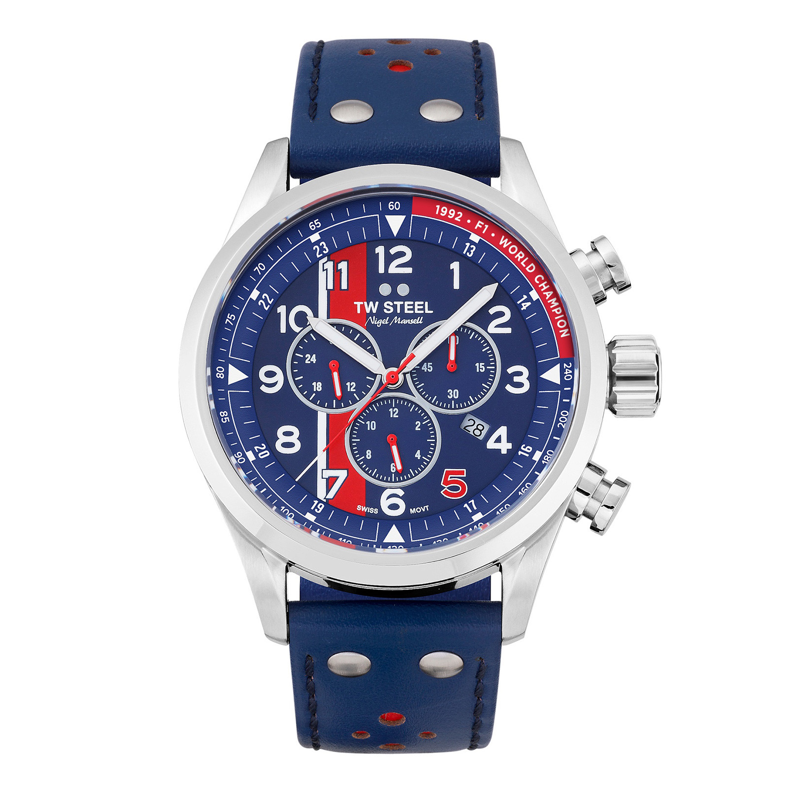 Draag een stuk racehistorie. Deze exclusieve limited edition eert Nigel Mansell's F1 kampioenschap in 1992. Het is voorzien van een Swiss made chronograafuurwerk, saffierglas en een blauwe lederen band met dikke stiksels. In de kastdeksel is Mansell's iconische 'Red 5' logo gegraveerd.