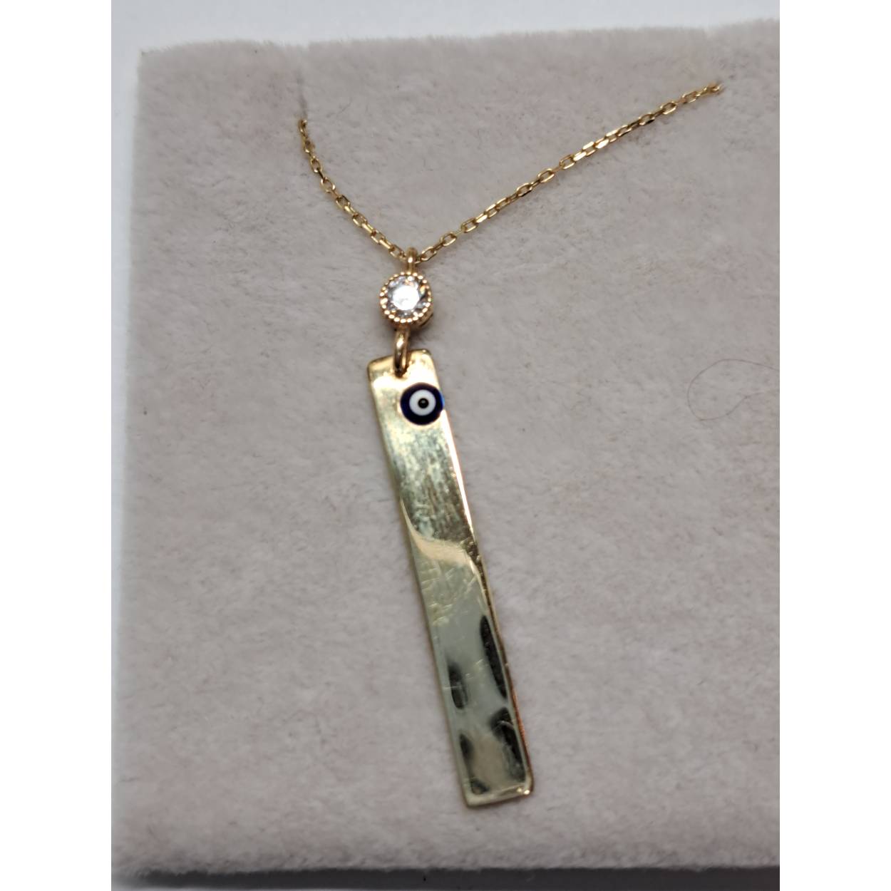 14 Karaat geel gouden collier waar je op kunt graveren. Met Nazar ook en zirkonia. 