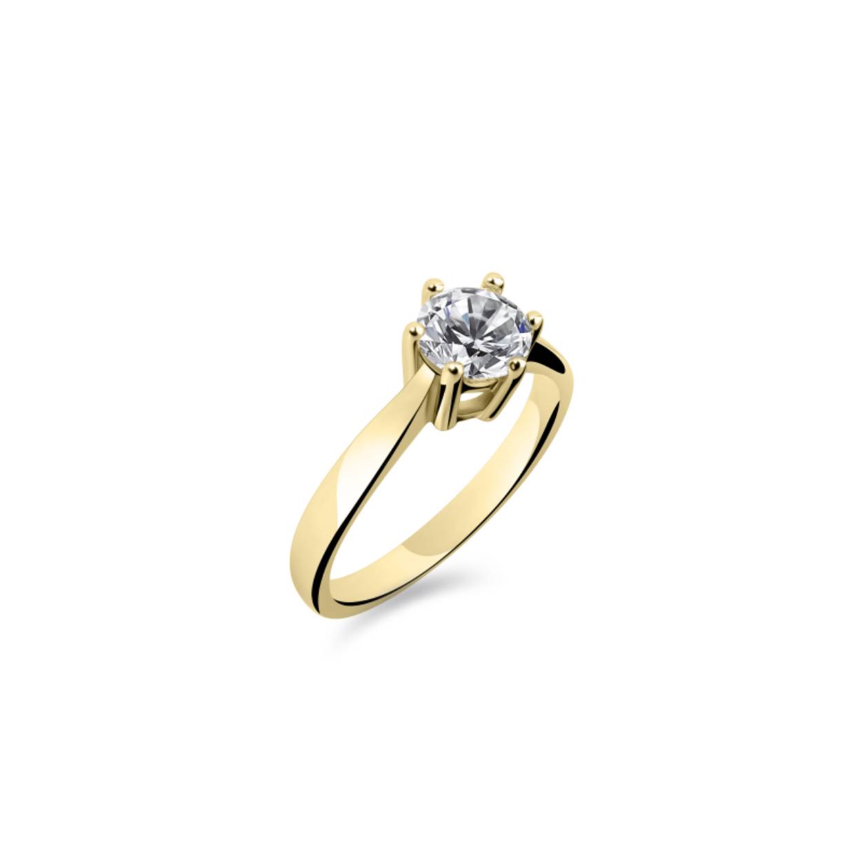 14k gouden ring met één zirkonia, gezet in een chaton met zes poten