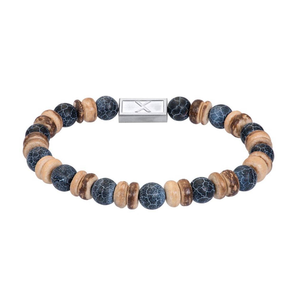 De iXXXi Men armband Ron bestaat uit een combinatie van stainless steel in de kleur antiek zilver en kralen in de kleur blauw en bruin.