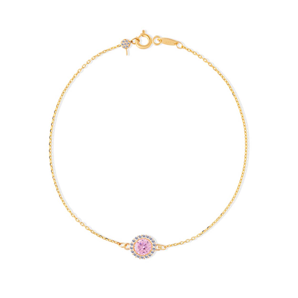Deze armband is van het merk Swing Jewels. Het is een damessieraad gemaakt van ethisch gewonnen goud, 14 karaat en gezet met witte zirkonia's en een roze zirkonia in het midden.
De langste lengte is 18 cm.