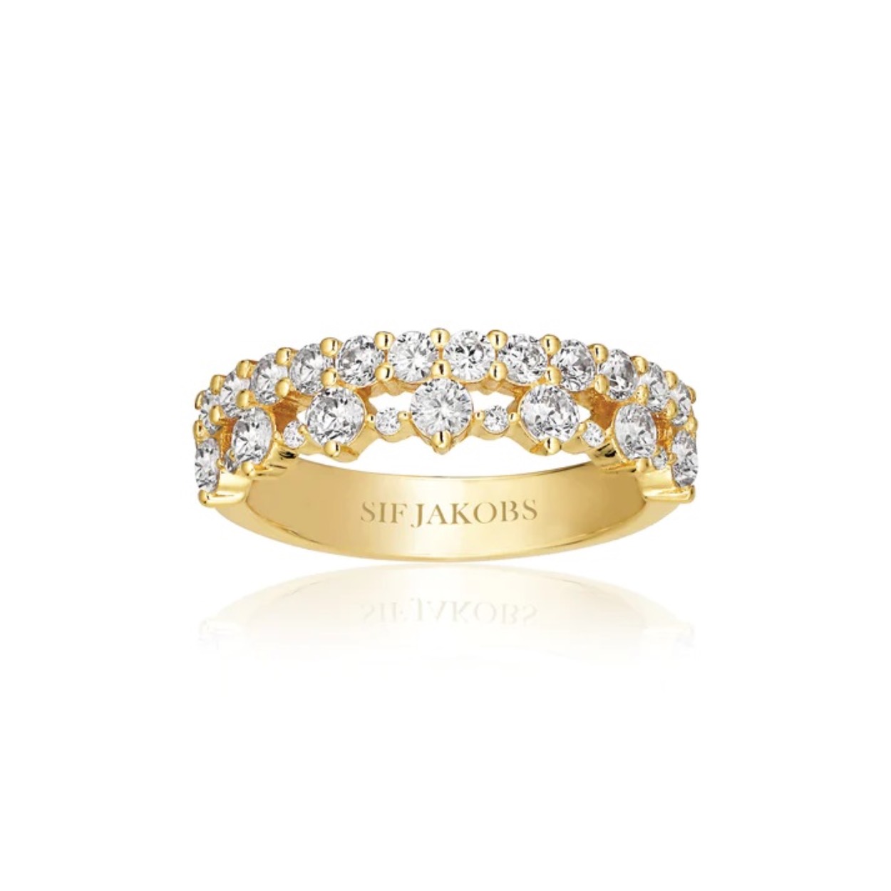 Ring gemaakt van 18 karaats verguld 925 sterling zilver, gepolijst oppervlak en hoorn met facetgeslepen witte zirkonia.

Ringafmetingen: Breedte 5,7 mm, dikte 2,5 mm