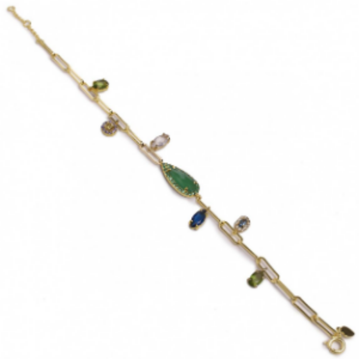 Armband met zilveren stenen voor dames. Een elegant en kleurrijk ontwerp, perfect om een ​​vleugje kleur aan je looks toe te voegen. Armbanden met stenen in verguld zilveren paperclip ketting met het hoofdmotief in een druppelvormige steen in een groene tint en secundaire motieven in de kleuren aventurijn en azuriet. Ideaal om te dragen met bijpassende oorbellen en collier.