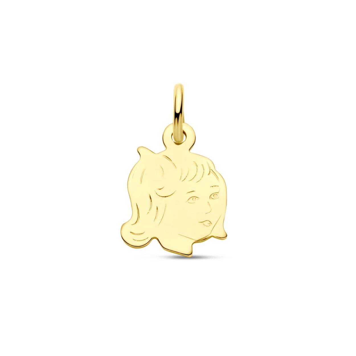 Geelgouden hanger met een kinderhoofdje.
