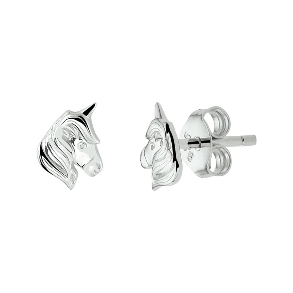 Gerhodineerd 925 zilveren oorknoppen in de vorm van een eenhoorn. De oorknoppen hebben een afmeting van 7.5x5.5mm.
