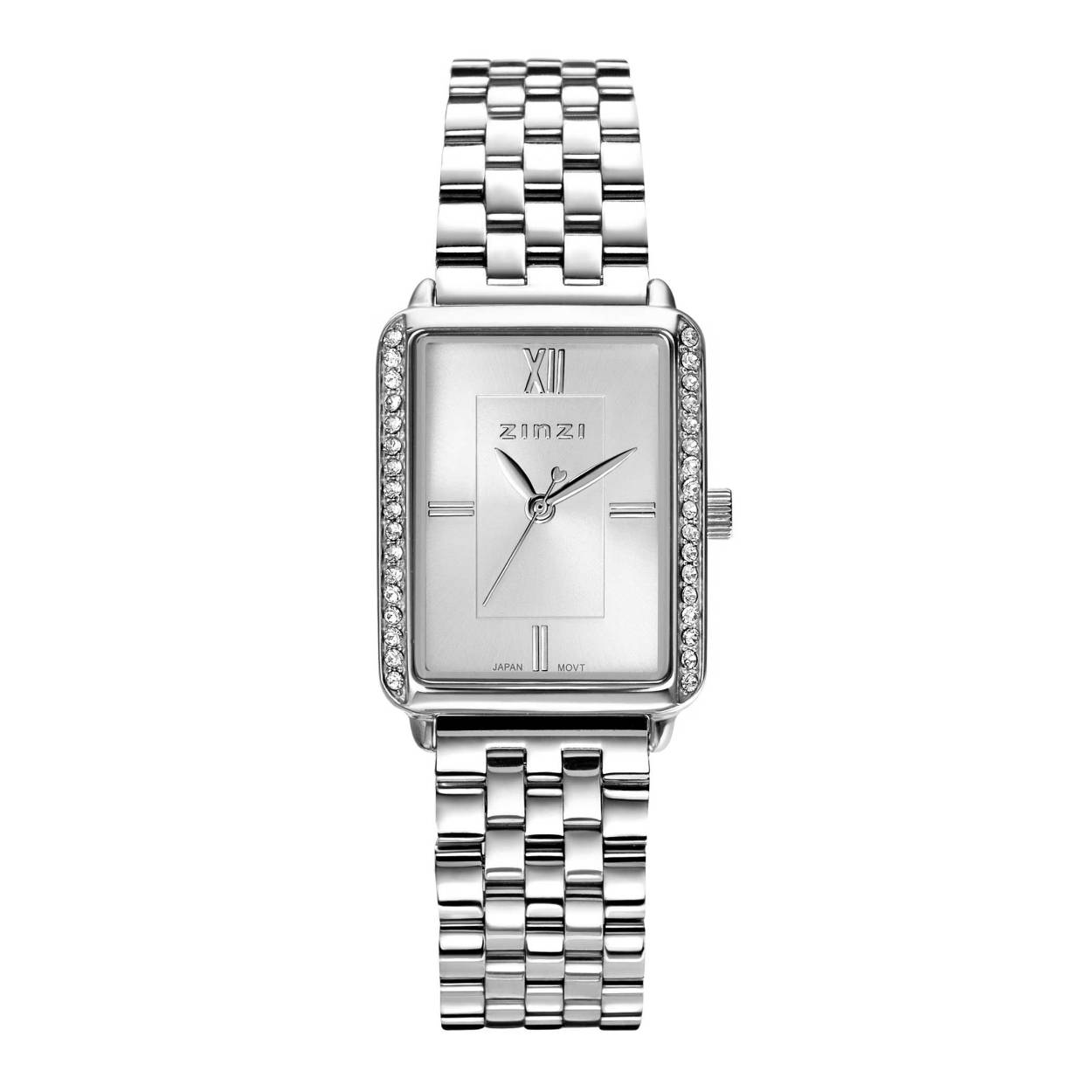 Het ZINZI Lucia horloge heeft een elegant rechthoekig ontwerp, waarbij aan de zijkanten een schitterende rij white crystals is gezet. Met zijn geheel stalen kast van 28 x 22mm en de prachtige stalen band oogt dit horloge elegant op iedere pols. Voorzien van een zilverkleurige wijzerplaat en stalen schakelband in de kleur zilver.
